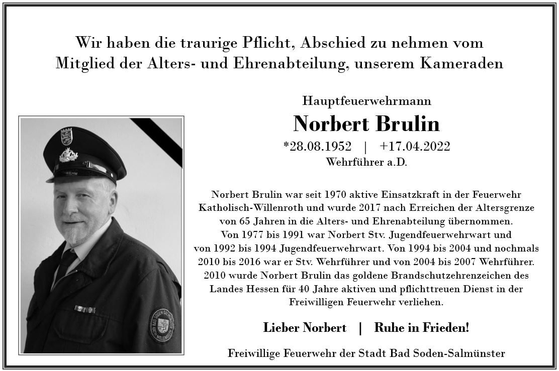 Traueranzeige FF BSS 2022 04 17 Norbert Brulin