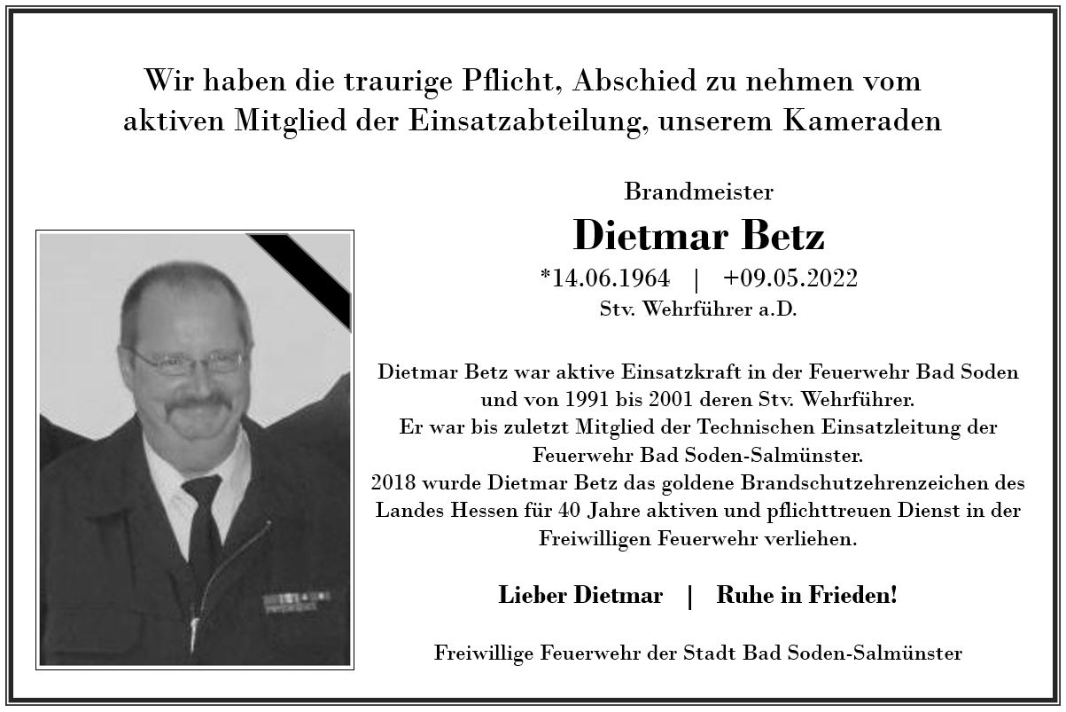 Traueranzeige FF BSS 2022 05 09 Dietmar Betz